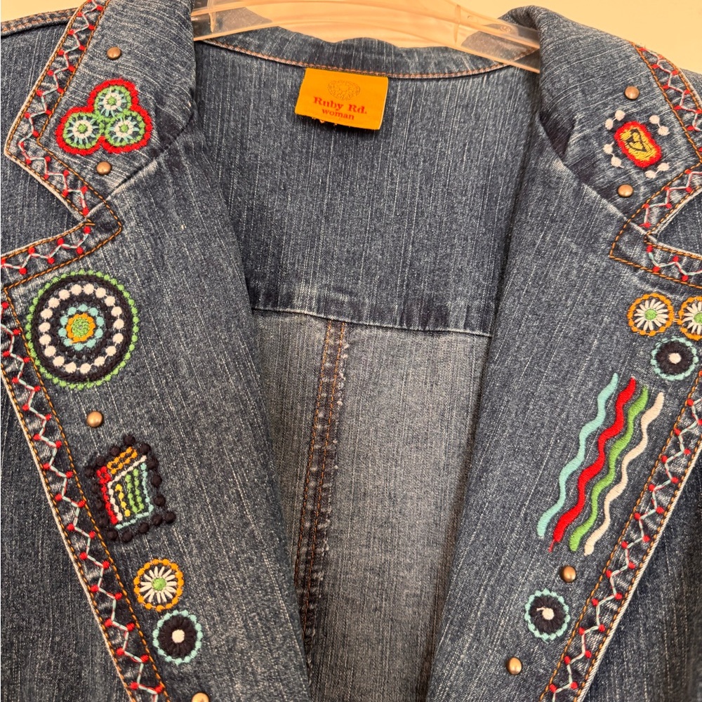 Ruby Rd. Blue Denim Jacket with Multicolor Embroidery - Picture 6 of 7